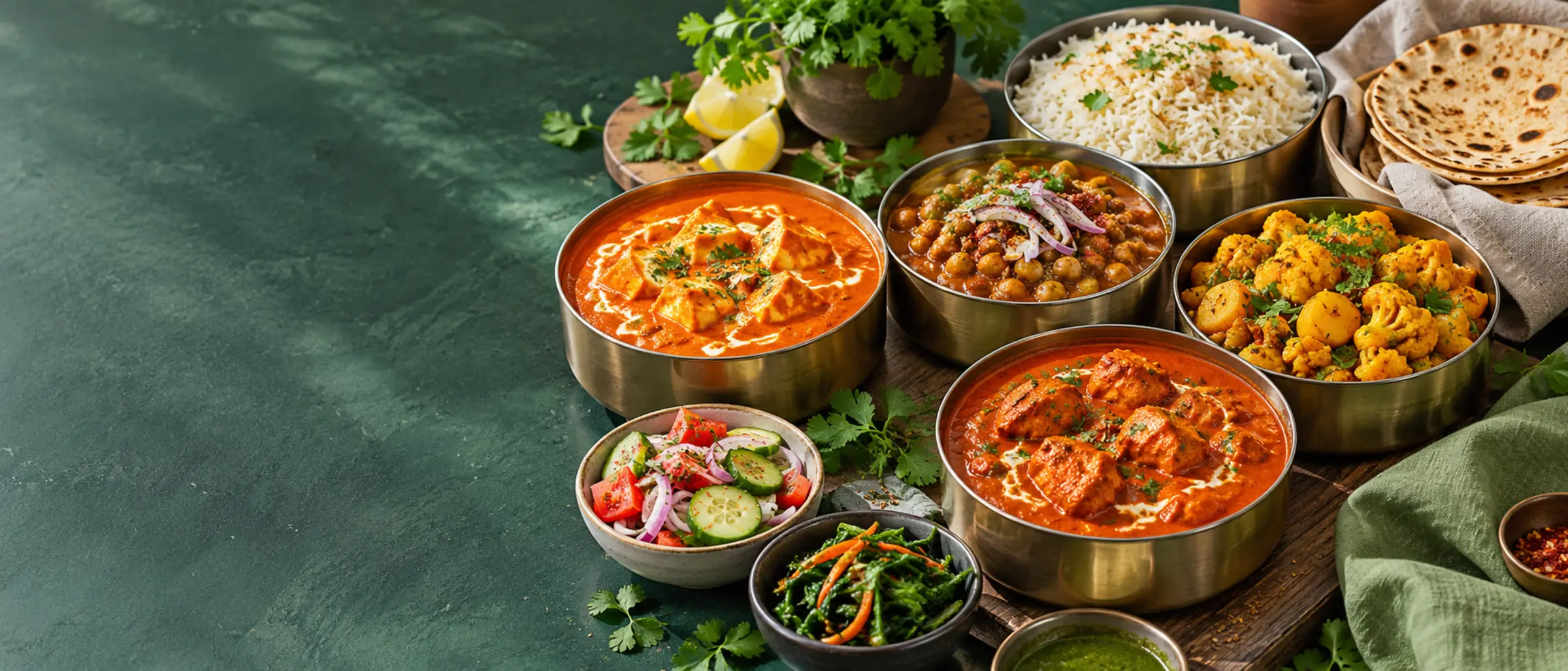A fresh Indian meal spread with paneer, chickpeas, vegetables, rice and rotis